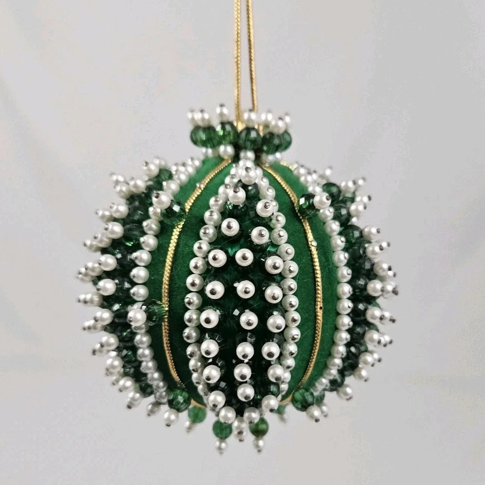 Vintage Satin Velvet Beaded Sequin Push Pin Christmas Tree Ornament Green